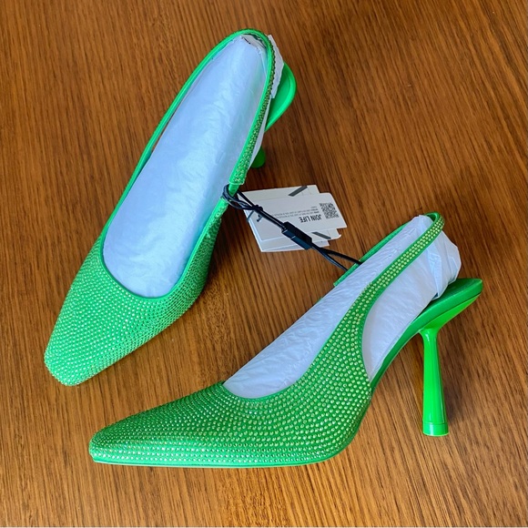 Zara sparkly rhinestone slingback heels bright green crystals - Picture 2 of 6